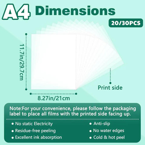 DTF Transfer Film A4 30 Sheets Double Sided Matte Pre Treated PET Heat Transfer Paper dimensions guide.