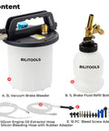 One Person Brake Bleeder Vacuum Pump Kit with adapters, 3L reservoir, 1L refill bottle, hoses, and bleeder screw adapters.