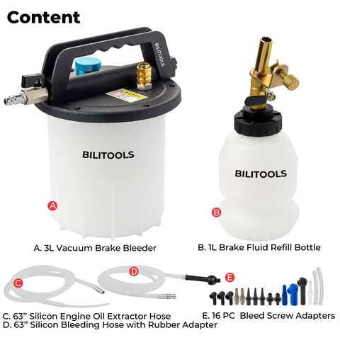 One Person Brake Bleeder Vacuum Pump Kit with adapters, 3L reservoir, 1L refill bottle, hoses, and bleeder screw adapters.