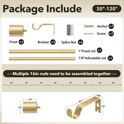 Package contents for Heavy Duty Curtain Rod For Windows 66 To 120 Inch Adjustable 1 Inch Gold Rod With Decorative Metal Finials