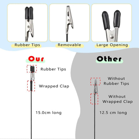 Comparison of clip features with rubber tips, removable design, and large opening on Magnetic Helping Hands Soldering Tool.