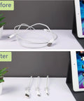 Before and after using 60 Pack Clear Cable Clips With Heavy Duty Adhesive For Indoor And Outdoor Wire Management, showing organized cables.