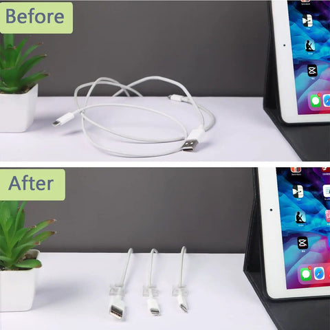 Before and after using 60 Pack Clear Cable Clips With Heavy Duty Adhesive For Indoor And Outdoor Wire Management, showing organized cables.