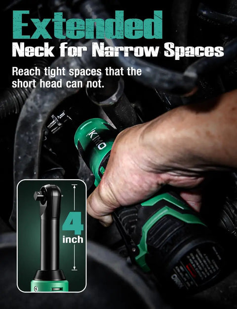Using Extended Cordless Electric Ratchet Wrench Kit 12V in tight engine space, showcasing the 4-inch extended neck for narrow areas.