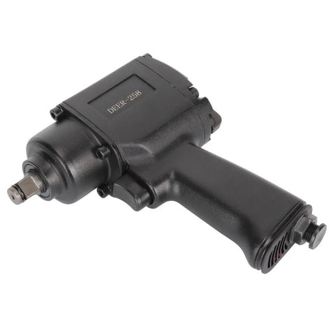 Heavy Duty Half Inch Air Impact Wrench Pumping 520 Newton Meter Torque And 880 Foot Pound Nut Breaking Punch Via 7500 Rpm Double Hammer Setup side view, black metal construction.