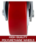 Heavy Duty Caster Set Of Four Six Inch Polyurethane Wheels That Glide Like Smoke With Dual Locking Brakes showing red polyurethane wheel.