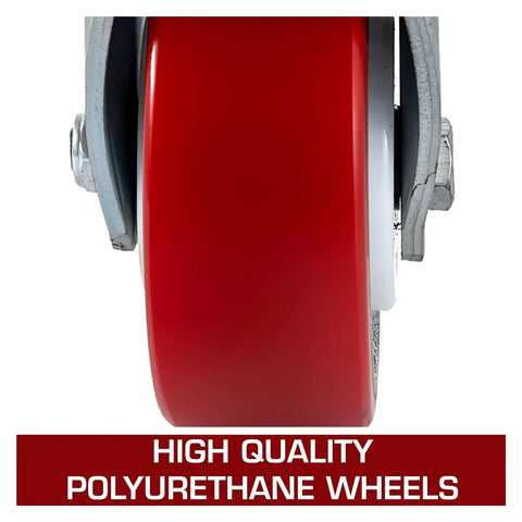 Heavy Duty Caster Set Of Four Six Inch Polyurethane Wheels That Glide Like Smoke With Dual Locking Brakes showing red polyurethane wheel.