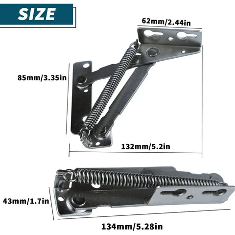 80 Degree Bench Seat Hinge Pair Heavy Duty Steel Cabinet Door Hardware For Toy Box Chest Lid Support And Folding Furniture Sofa Bed Bridge Shaped Spring Hinges Lifting Bracket Silver with measured dimensions