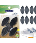Four Pairs Shoe Heel Repair Patches Kit With Sandpaper For Worn Sneaker Heels, packaged patches beside sneaker illustration