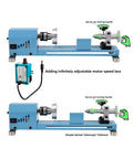 Mini Wood Lathe Machine For Desktop With Infinite Speed Control showing adjustable motor speed box and telescopic tailstock.