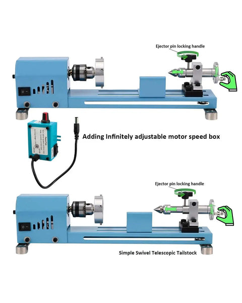 Mini Wood Lathe Machine For Desktop With Infinite Speed Control showing adjustable motor speed box and telescopic tailstock.