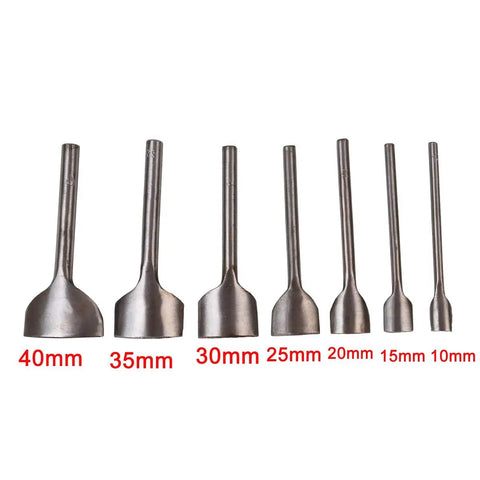 Set of arc shaped leather punch cutters from 10mm to 40mm for belts, wallets, and bags, 7 piece heavy duty kit for pros and DIY makers.