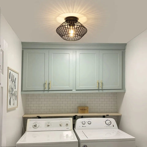 Black Flush Mount Ceiling Light With Dope Metal Cage Design And Industrial Vibe For Hallways Kitchens Porches And Bedrooms Vintage Farmhouse Style
