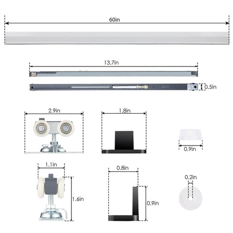 60Inch Sliding Pocket Door Hardware Kit With Aluminum Track And Soft Close Rail, showing parts layout with measurements.