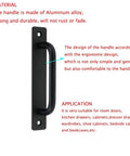 Black Barn Door Handle Set Two Pack Aluminum Alloy Punch Free Sliding Handles with plate for cupboard cabinet, ergonomic design highlighted.