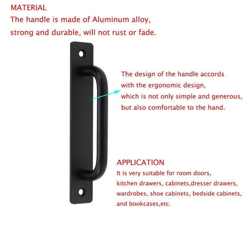 Black Barn Door Handle Set Two Pack Aluminum Alloy Punch Free Sliding Handles with plate for cupboard cabinet, ergonomic design highlighted.