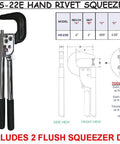Kickass Hand Rivet Squeezer For Solid And Tubular Rivets With 2-Inch Reach, HS-22E model, includes 2 flush squeezers.