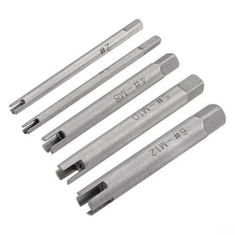 Top Tier Alloy Steel Broken Tap Extractor Kit With 5 Essential Metric Sizes From M5 To M10 Features Tough Square Drive And Three Claw Design For Easy Removal Of Stripped Taps No Mess No Stress Just Get It Done Fast. M5-M10 alloy steel tap extractor set, 3-claw square drive