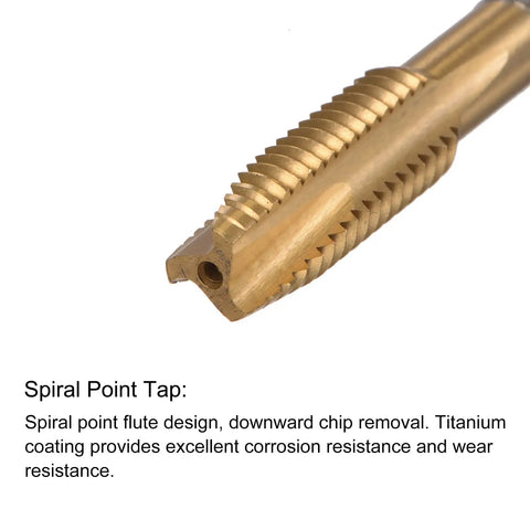 Close-up of titanium-coated spiral point tap for M8 Thread Tap And Six Point Eight Millimeter Drill Bit Set Pro Grade Heavy Duty.