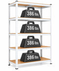 Heavy Duty Five Tier Metal Shelving Unit With Adjustable Boltless Galvanized Steel Frame And Thick Mdf Panels For Garage Pantry Laundry Room displaying weights on shelves.
