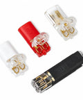 Beefy Heavy Duty No Strip Wire Splice Connectors 2 Pin Quick Snap Ground Terminals in red, white, and black colors.