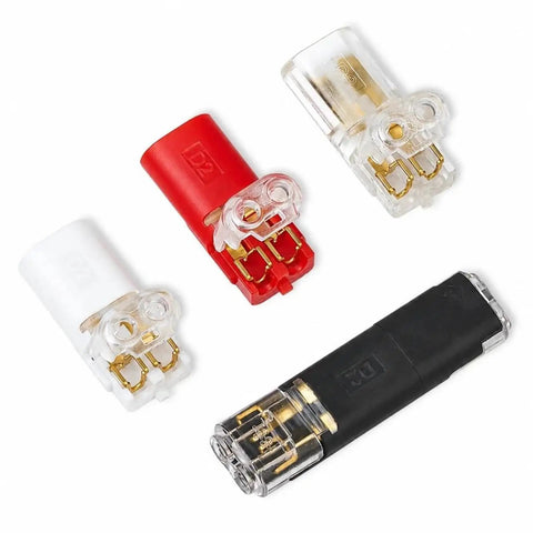 Beefy Heavy Duty No Strip Wire Splice Connectors 2 Pin Quick Snap Ground Terminals in red, white, and black colors.
