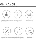 Dominance features of the Powerful 1000W Handheld Steam Cleaner highlighted with icons for high temperature steam, multipurpose use, and stain removal.