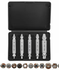 Five Piece Screw Extractor Set For Damaged Stripped Screws Removal Tools Kit With Easy Drill Bit Helpers shown in black case