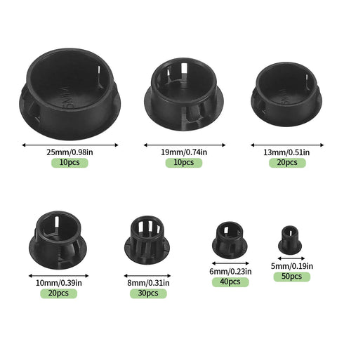 Round Black Plastic Hole Plugs Kit, 180 Pcs Self-Locking Panel Knockout Plugs in various sizes for kitchen cabinets and furniture