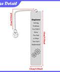 Stainless steel bookmark with quote and gear design, 13cm x 2.6cm, for Funny Engineer Gift For Engineers And Students. Size details shown.