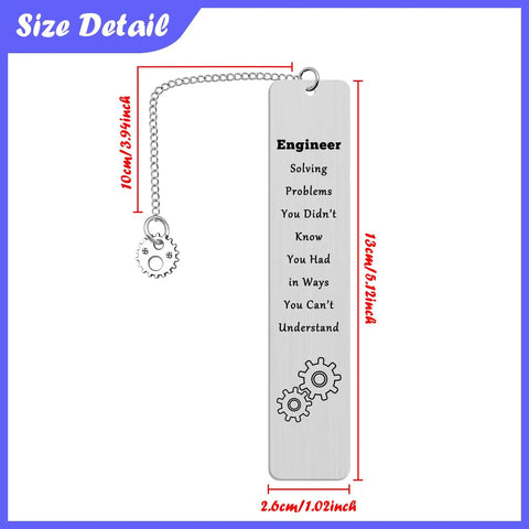 Stainless steel bookmark with quote and gear design, 13cm x 2.6cm, for Funny Engineer Gift For Engineers And Students. Size details shown.