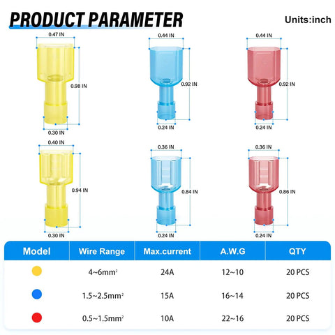 Nylon Spade Electrical Connectors Kit 60 Pieces Heavy Duty Copper Crimp Terminals For Car Audio Marine House Projects Anti Corrosion Visual Inspection Translucent Shells Easy Wire Work Fix color size chart