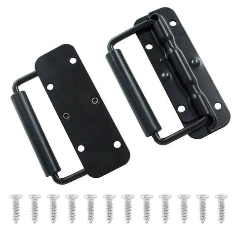 Two Piece Black Spring Loaded Case Handles With Rubber Grip, 304 Stainless Steel Surface Mount Chest Handles, screws included