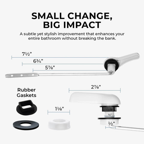 White Finish Front Mount Toilet Handle Replacement Kit With Universal Flush Lever For Most Standard Front Mount Toilet Tanks No Fuss Install Durable Brass And Plastic Parts Restores Smooth Quiet Flushing, shown with gasket sizes and dimensions.