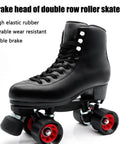 Black quad roller skate with red wheels, featuring high elastic rubber durable toe stops designed for stability and control.