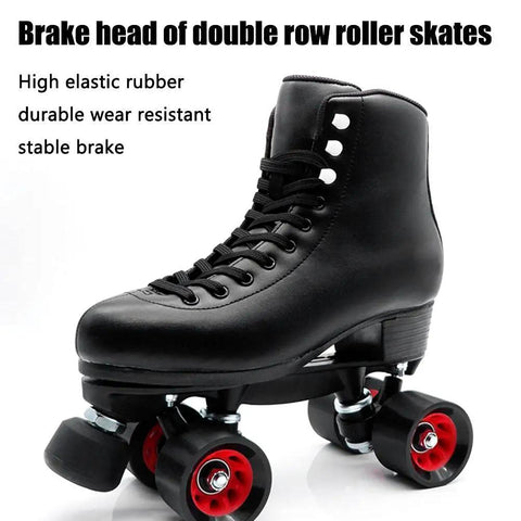 Black quad roller skate with red wheels, featuring high elastic rubber durable toe stops designed for stability and control.