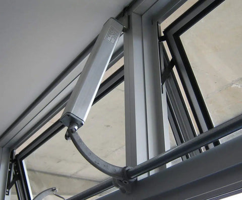 12V DC Linear Actuator 30 Inch Stroke With Mounting Brackets, 44 Lb Push Force installed on window frame