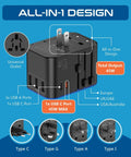 Universal Travel Adapter With PD And QC 3.0 45W, Dual USB C And 3 USB Ports shown with outlet types and design details