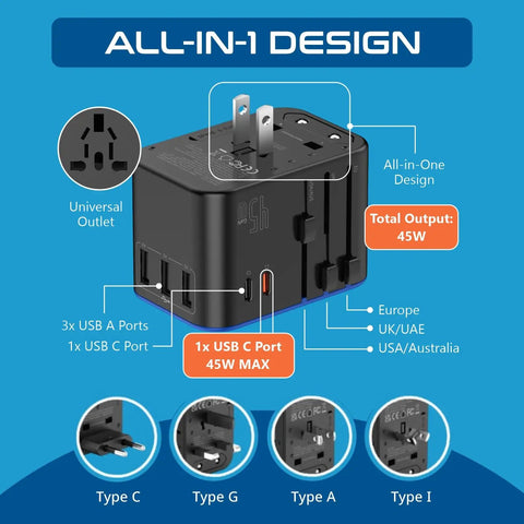 Universal Travel Adapter With PD And QC 3.0 45W, Dual USB C And 3 USB Ports shown with outlet types and design details