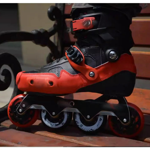 Black and red inline skate with Inline Skate Replacement Wheels 72mm 76mm For Roller Blades And Skateboards 88A hardness visible.