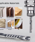 Front view of 1/8 in dia down-cut single-flute CNC router bit with spiral flute and material icons