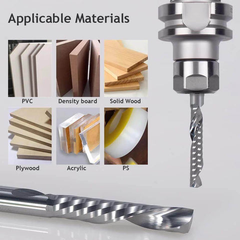 Front view of 1/8 in dia down-cut single-flute CNC router bit with spiral flute and material icons