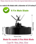 Six Fin Male Blade For High Power Blender Replacement showing dimensions for 18 oz, 24 oz, 32 oz cups with measurements visible.