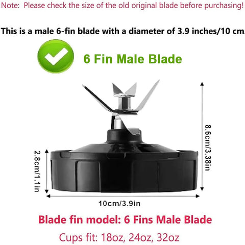 Six Fin Male Blade For High Power Blender Replacement showing dimensions for 18 oz, 24 oz, 32 oz cups with measurements visible.
