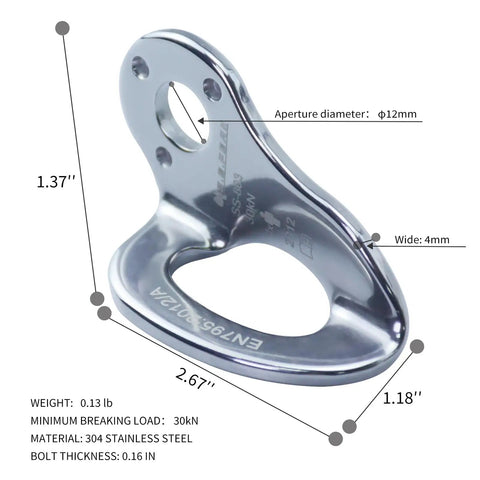 Heavy Duty Stainless Steel Bolt Hangers Five Pack For Rock Climbing And Caving, 30KN Anchor Carabiners With 12mm Bolt Fit close-up showing dimensions and features.
