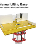 Heavy Duty Router Lift Base Kit With Tough Metal Insert Plate Fitting 64 To 66 Millimeter Motors. Manual lifting base for precise adjustments.