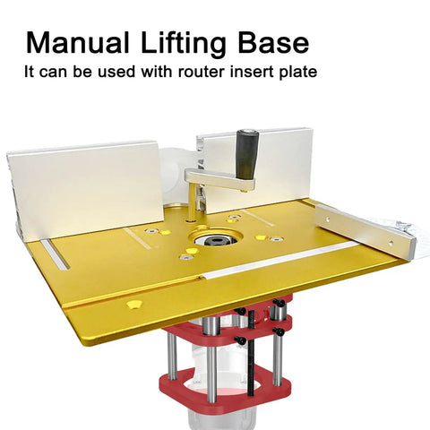 Heavy Duty Router Lift Base Kit With Tough Metal Insert Plate Fitting 64 To 66 Millimeter Motors. Manual lifting base for precise adjustments.