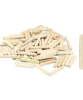 120 Piece Wooden Dowel Pins Set 5x30mm Fluted Dowels With Beveled Ends displayed in a pile and individually on white background