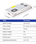 Built Like A Tank 36 Volt 9.7 Amp 350 Watt Ac Dc Switching Power Supply dimensions and specifications close-up view.