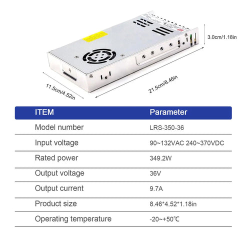 Built Like A Tank 36 Volt 9.7 Amp 350 Watt Ac Dc Switching Power Supply dimensions and specifications close-up view.